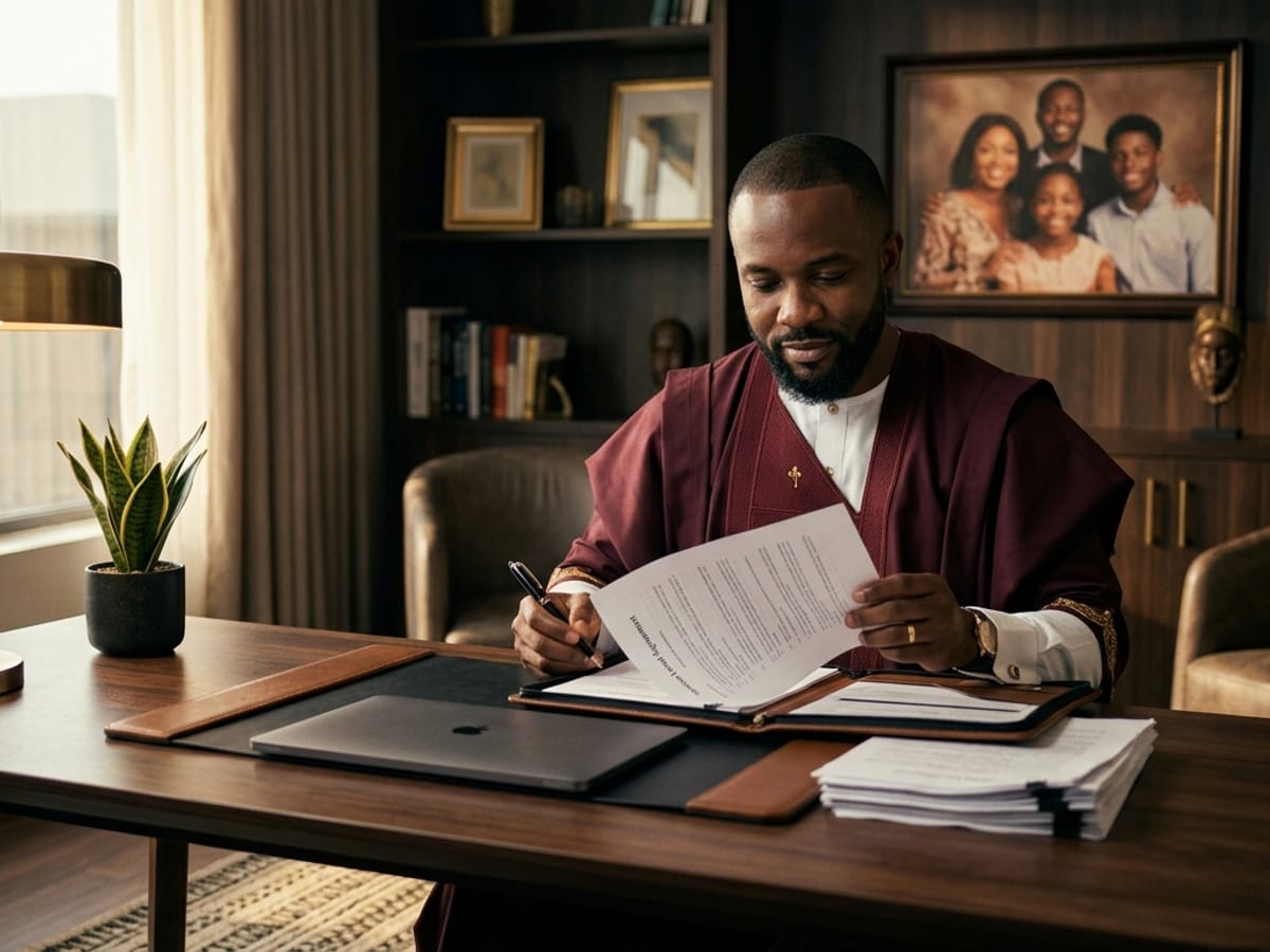 African professional calmly reviewing legacy documents